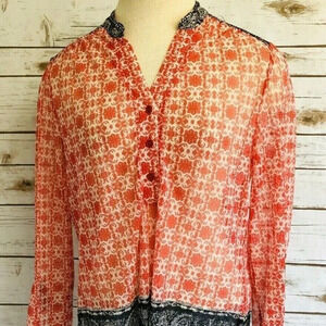 PER SEPTION PETITE Women Long Sleeve Partial Button Down Red/Black Top Sz Medium